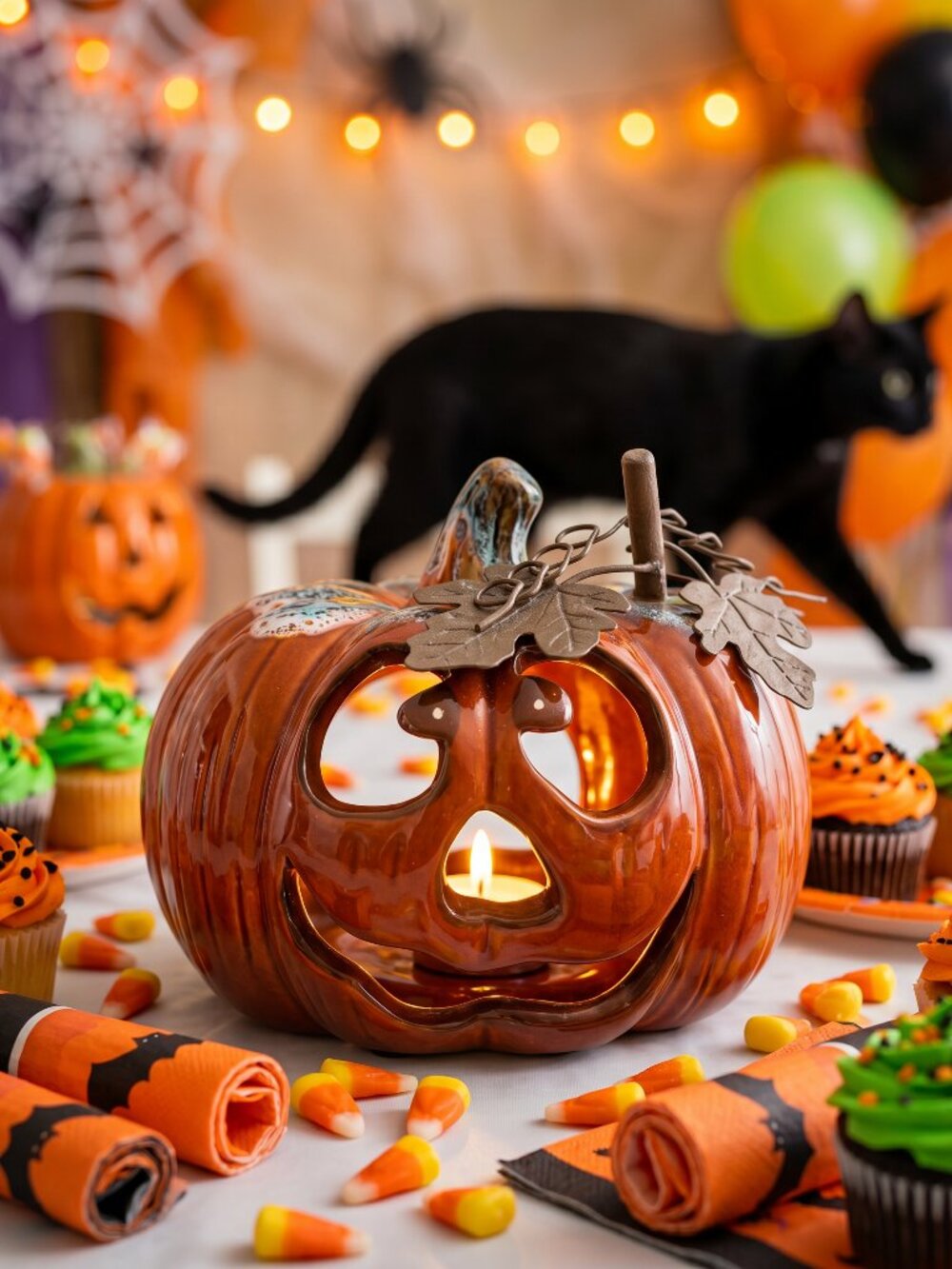 Halloween Pumpkin Jack-O-Lantern Ceramic Tealight Votive Candle Holder